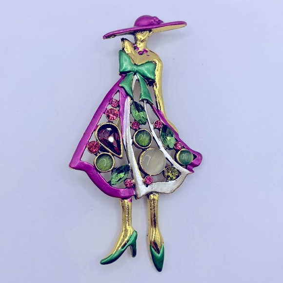 Gold Tone Enamel Lady Pendant Brooch - Picture 1 of 5